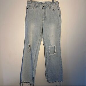 Avec Les Filles High Rise Straight Leg Split Hem Distressed Jeans Size 31